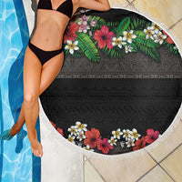 Hawaiian Tropical Flowers and Tribal Polynesian Tattoo Beach Blanket Black Color LT03 - Polynesian Pride