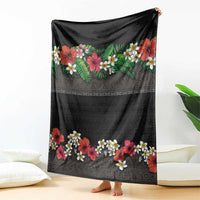 Hawaiian Tropical Flowers and Tribal Polynesian Tattoo Blanket Black Color LT03 - Polynesian Pride