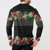 Hawaiian Tropical Flowers and Tribal Polynesian Tattoo Button Sweatshirt Black Color LT03 - Polynesian Pride