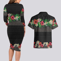 Hawaiian Tropical Flowers and Tribal Polynesian Tattoo Couples Matching Long Sleeve Bodycon Dress and Hawaiian Shirt Black Color