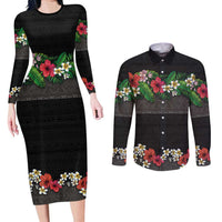 Hawaiian Tropical Flowers and Tribal Polynesian Tattoo Couples Matching Long Sleeve Bodycon Dress and Long Sleeve Button Shirt Black Color LT03 Black - Polynesian Pride