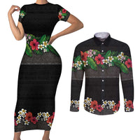 Hawaiian Tropical Flowers and Tribal Polynesian Tattoo Couples Matching Short Sleeve Bodycon Dress and Long Sleeve Button Shirt Black Color LT03 Black - Polynesian Pride