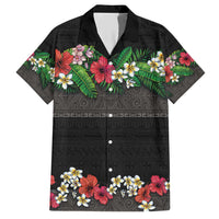 Hawaiian Tropical Flowers and Tribal Polynesian Tattoo Family Matching Short Sleeve Bodycon Dress and Hawaiian Shirt Black Color