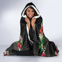Hawaiian Tropical Flowers and Tribal Polynesian Tattoo Hooded Blanket Black Color LT03 - Polynesian Pride