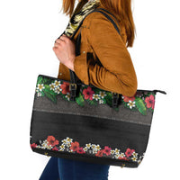 Hawaiian Tropical Flowers and Tribal Polynesian Tattoo Leather Tote Bag Black Color LT03 Black - Polynesian Pride
