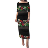 Hawaiian Tropical Flowers and Tribal Polynesian Tattoo Puletasi Black Color LT03 Long Dress Black - Polynesian Pride