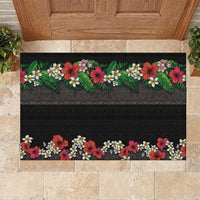 Hawaiian Tropical Flowers and Tribal Polynesian Tattoo Rubber Doormat Black Color LT03 Black - Polynesian Pride