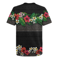 Hawaiian Tropical Flowers and Tribal Polynesian Tattoo Rugby Jersey Black Color LT03 - Polynesian Pride