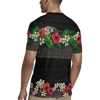 Hawaiian Tropical Flowers and Tribal Polynesian Tattoo Rugby Jersey Black Color LT03 - Polynesian Pride