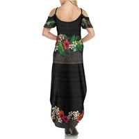 Hawaiian Tropical Flowers and Tribal Polynesian Tattoo Summer Maxi Dress Black Color LT03 - Polynesian Pride