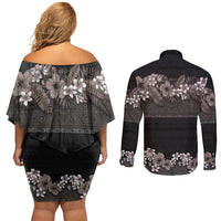 Hawaiian Tropical Flowers and Tribal Polynesian Tattoo Couples Matching Off Shoulder Short Dress and Long Sleeve Button Shirt Grayscale Mode LT03 - Polynesian Pride