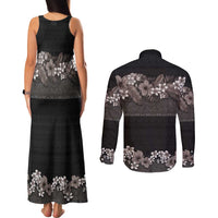 Hawaiian Tropical Flowers and Tribal Polynesian Tattoo Couples Matching Tank Maxi Dress and Long Sleeve Button Shirt Grayscale Mode LT03 - Polynesian Pride