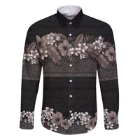 Hawaiian Tropical Flowers and Tribal Polynesian Tattoo Family Matching Puletasi and Hawaiian Shirt Grayscale Mode LT03 Dad's Shirt - Long Sleeve Black - Polynesian Pride