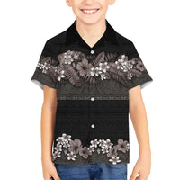 Hawaiian Tropical Flowers and Tribal Polynesian Tattoo Family Matching Summer Maxi Dress and Hawaiian Shirt Grayscale Mode LT03 Son's Shirt Black - Polynesian Pride
