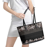 Hawaiian Tropical Flowers and Tribal Polynesian Tattoo Leather Tote Bag Grayscale Mode LT03 - Polynesian Pride