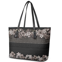 Hawaiian Tropical Flowers and Tribal Polynesian Tattoo Leather Tote Bag Grayscale Mode LT03 - Polynesian Pride