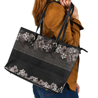 Hawaiian Tropical Flowers and Tribal Polynesian Tattoo Leather Tote Bag Grayscale Mode LT03 - Polynesian Pride