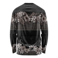 Hawaiian Tropical Flowers and Tribal Polynesian Tattoo Long Sleeve Shirt Grayscale Mode