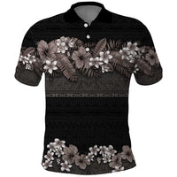 Hawaiian Tropical Flowers and Tribal Polynesian Tattoo Polo Shirt Grayscale Mode LT03 Black - Polynesian Pride
