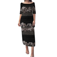 Hawaiian Tropical Flowers and Tribal Polynesian Tattoo Puletasi Grayscale Mode LT03 Long Dress Black - Polynesian Pride