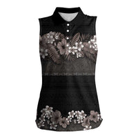Hawaiian Tropical Flowers and Tribal Polynesian Tattoo Women Sleeveless Polo Shirt Grayscale Mode