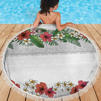Hawaiian Tropical Flowers and Tribal Polynesian Tattoo Beach Blanket White Color LT03 - Polynesian Pride
