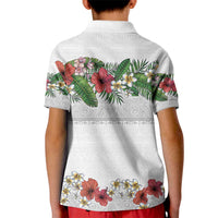 Hawaiian Tropical Flowers and Tribal Polynesian Tattoo Kid Polo Shirt White Color