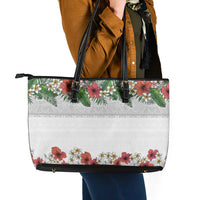 Hawaiian Tropical Flowers and Tribal Polynesian Tattoo Leather Tote Bag White Color LT03 - Polynesian Pride