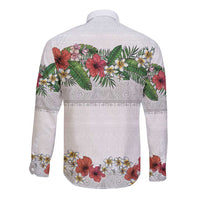 Hawaiian Tropical Flowers and Tribal Polynesian Tattoo Long Sleeve Button Shirt White Color