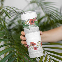 Hawaiian Tropical Flowers and Tribal Polynesian Tattoo Skinny Tumbler White Color