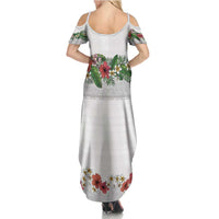 Hawaiian Tropical Flowers and Tribal Polynesian Tattoo Summer Maxi Dress White Color LT03 - Polynesian Pride