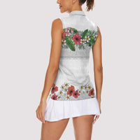 Hawaiian Tropical Flowers and Tribal Polynesian Tattoo Women Sleeveless Polo Shirt White Color
