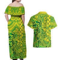 Cook Islands Vaa Polynesian Art Tattoo Couples Matching Off Shoulder Maxi Dress and Hawaiian Shirt National Color