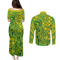 Cook Islands Va'a Polynesian Art Tattoo Couples Matching Puletasi and Long Sleeve Button Shirt National Color LT03 - Polynesian Pride