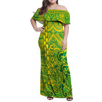 Cook Islands Vaa Polynesian Art Tattoo Family Matching Off Shoulder Maxi Dress and Hawaiian Shirt National Color