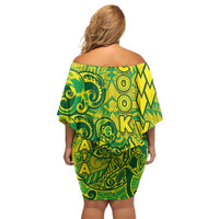 Cook Islands Va'a Polynesian Art Tattoo Off Shoulder Short Dress National Color LT03 - Polynesian Pride