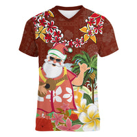 Hawaii Honu Mele Kalikimaka Women V Neck T Shirt Santa Tropical Flower Aloha Summer Red Version LT03 Female Red - Polynesian Pride