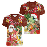 Hawaii Honu Mele Kalikimaka Women V Neck T Shirt Santa Tropical Flower Aloha Summer Red Version LT03 - Polynesian Pride