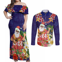 Hawaii Honu Mele Kalikimaka Couples Matching Off Shoulder Maxi Dress and Long Sleeve Button Shirt Santa Tropical Flower Aloha Summer Blue Version LT03 Blue - Polynesian Pride