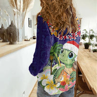 Hawaii Honu Mele Kalikimaka Women Casual Shirt Santa Tropical Flower Aloha Summer Blue Version LT03 - Polynesian Pride