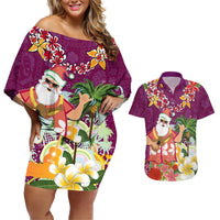 Hawaii Honu Mele Kalikimaka Couples Matching Off Shoulder Short Dress and Hawaiian Shirt Santa Tropical Flower Aloha Summer Pink Version LT03 Pink - Polynesian Pride