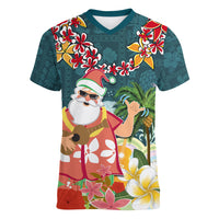 Hawaii Honu Mele Kalikimaka Women V Neck T Shirt Santa Tropical Flower Aloha Summer Turquoise Version LT03 Female Turquoise - Polynesian Pride
