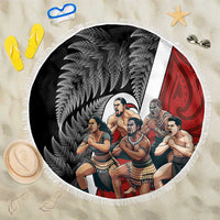 New Zealand Te Matatini Beach Blanket Kapa Haka and Silver Fern - Maori Art Pattern LT03 One Size 150cm Black - Polynesian Pride