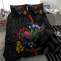 New Zealand Tui Birds Love Couple Bedding Set The Heart of Silver Fern Leaves and Maori Tattoo Pattern