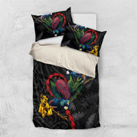 New Zealand Tui Birds Love Couple Bedding Set The Heart of Silver Fern Leaves and Maori Tattoo Pattern