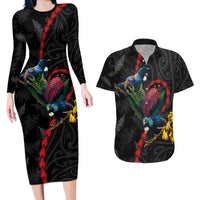 New Zealand Tui Birds Love Couple Couples Matching Long Sleeve Bodycon Dress and Hawaiian Shirt The Heart of Silver Fern Leaves and Maori Tattoo Pattern