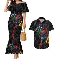 New Zealand Tui Birds Love Couple Couples Matching Mermaid Dress and Hawaiian Shirt The Heart of Silver Fern Leaves and Maori Tattoo Pattern