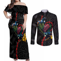 New Zealand Tui Birds Love Couple Couples Matching Off Shoulder Maxi Dress and Long Sleeve Button Shirt The Heart of Silver Fern Leaves and Maori Tattoo Pattern