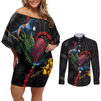 New Zealand Tui Birds Love Couple Couples Matching Off Shoulder Short Dress and Long Sleeve Button Shirt The Heart of Silver Fern Leaves and Maori Tattoo Pattern
