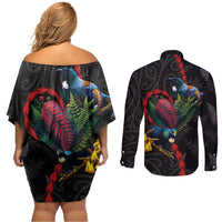 New Zealand Tui Birds Love Couple Couples Matching Off Shoulder Short Dress and Long Sleeve Button Shirt The Heart of Silver Fern Leaves and Maori Tattoo Pattern